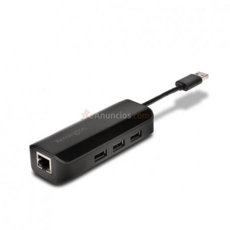 Kensington - Adaptador UA3000E USB 3.0 Ethernet y hub de 3 puertos: negro