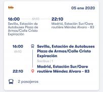 2 Billetes autobús SevillaMadrid 5 enero 16:00.